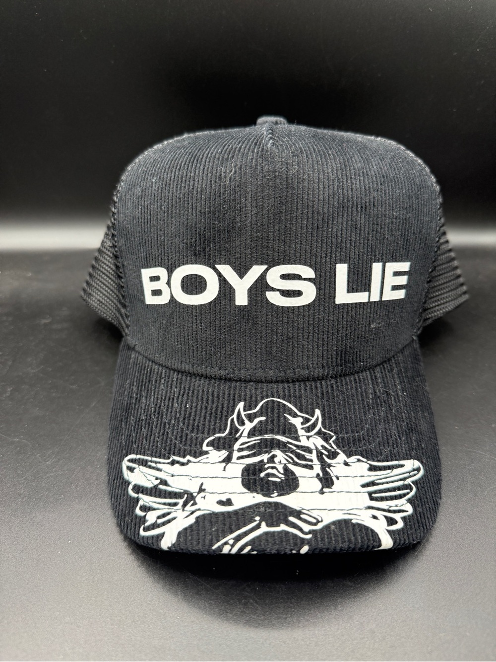 BOYS LIE Black Trucker Cap Heaven’s Edge Corduroy Woman’s Snap Back Hat